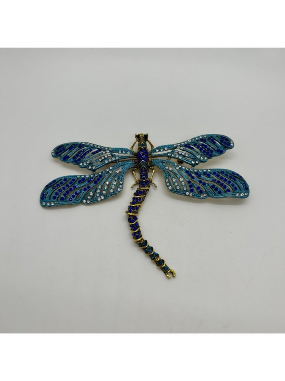 Dragonfly Brooch Articulated Tail Blue Teal Rhinestones Statement 5 inch Insect - Picture 4 of 16